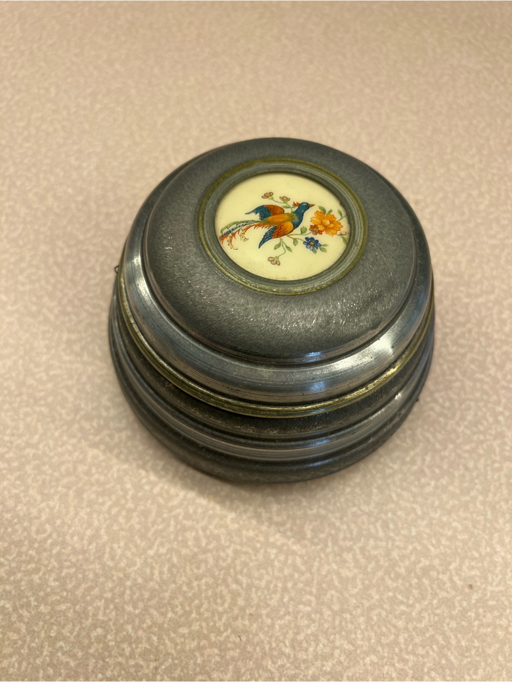 Decorative Pewter Trinket Box with Bird Motif - Gray